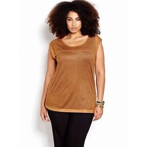 💠MICHEL STUDIO Faux Suede Laser Cut Cap Sleeve Top Western Scoop Neck